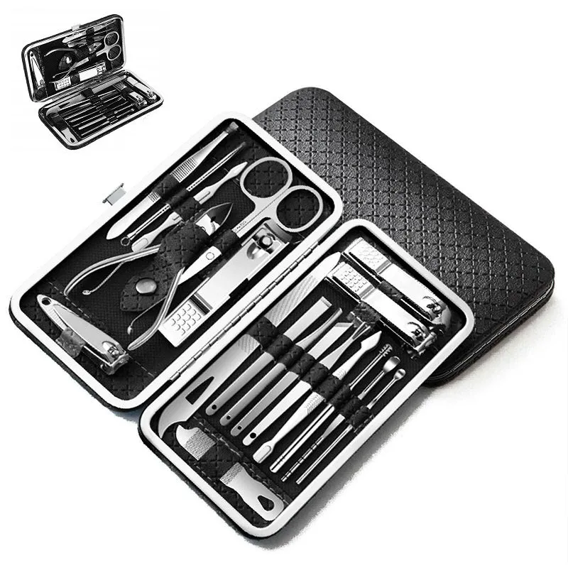 19PCS Nail Clippers Manicure Kit Cuticle Grooming Set Case