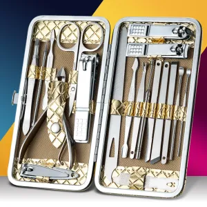 19PCS Nail Clippers Manicure Kit Cuticle Grooming Set Case