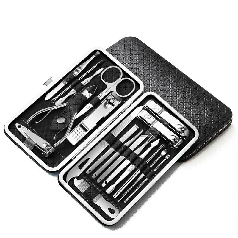 19PCS Nail Clippers Manicure Kit Cuticle Grooming Set Case