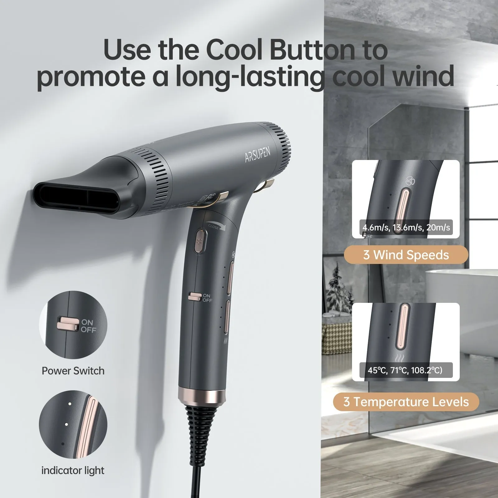 ARSUPEN Professional Hair Dryer Lightweight Foldable Dual Ionic Blow Dryer High Speed for Fast Drying