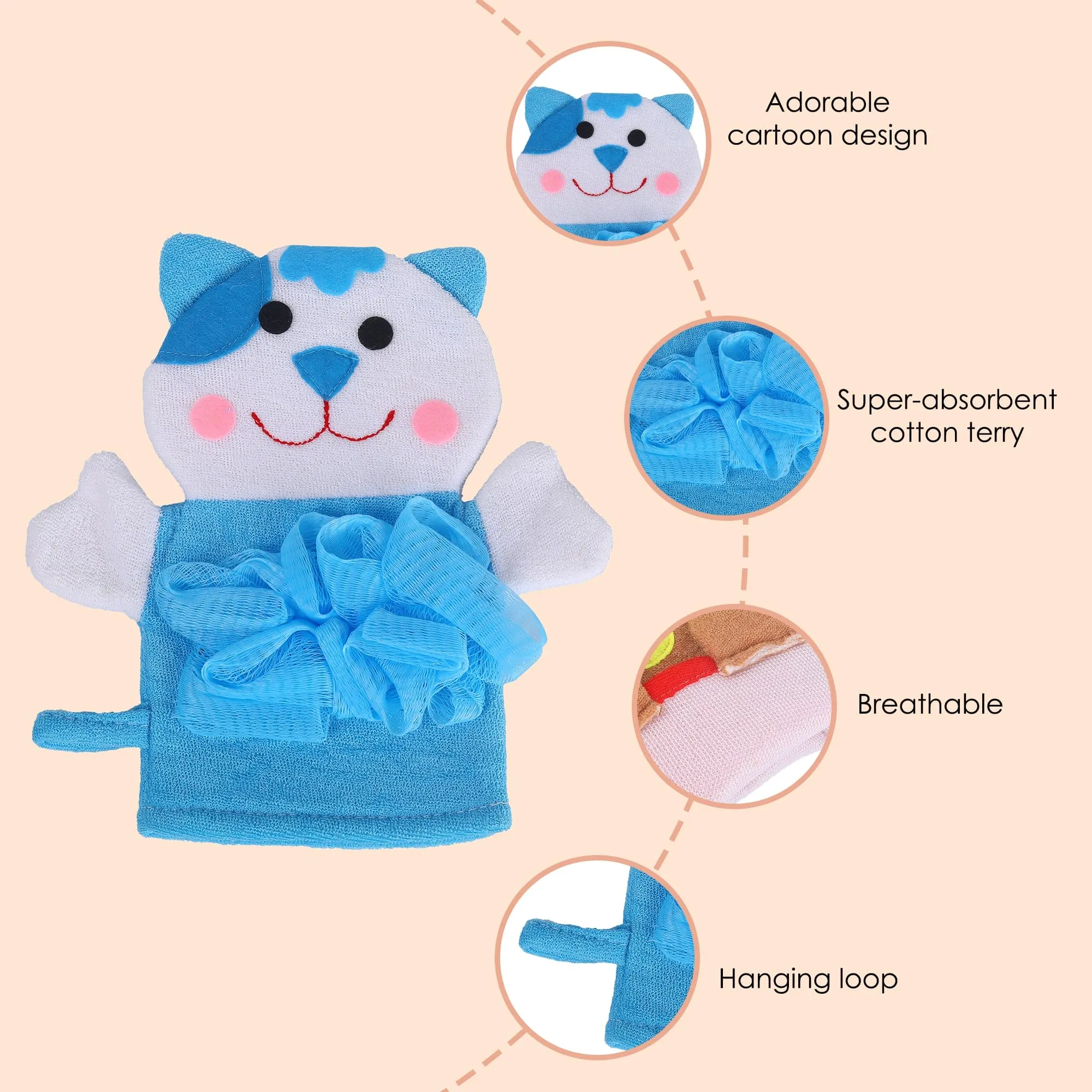 Baby Moo Pretty Kitty Bath Time Fun Hand Puppet Loofah Bath Glove - Blue