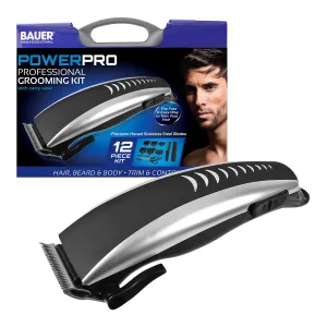 Bauer 38790 PowerPro Professional Grooming Kit | Men's Hair Clippers | 12 Piece Accessory Set | Mains Powered | Hard Carry Case