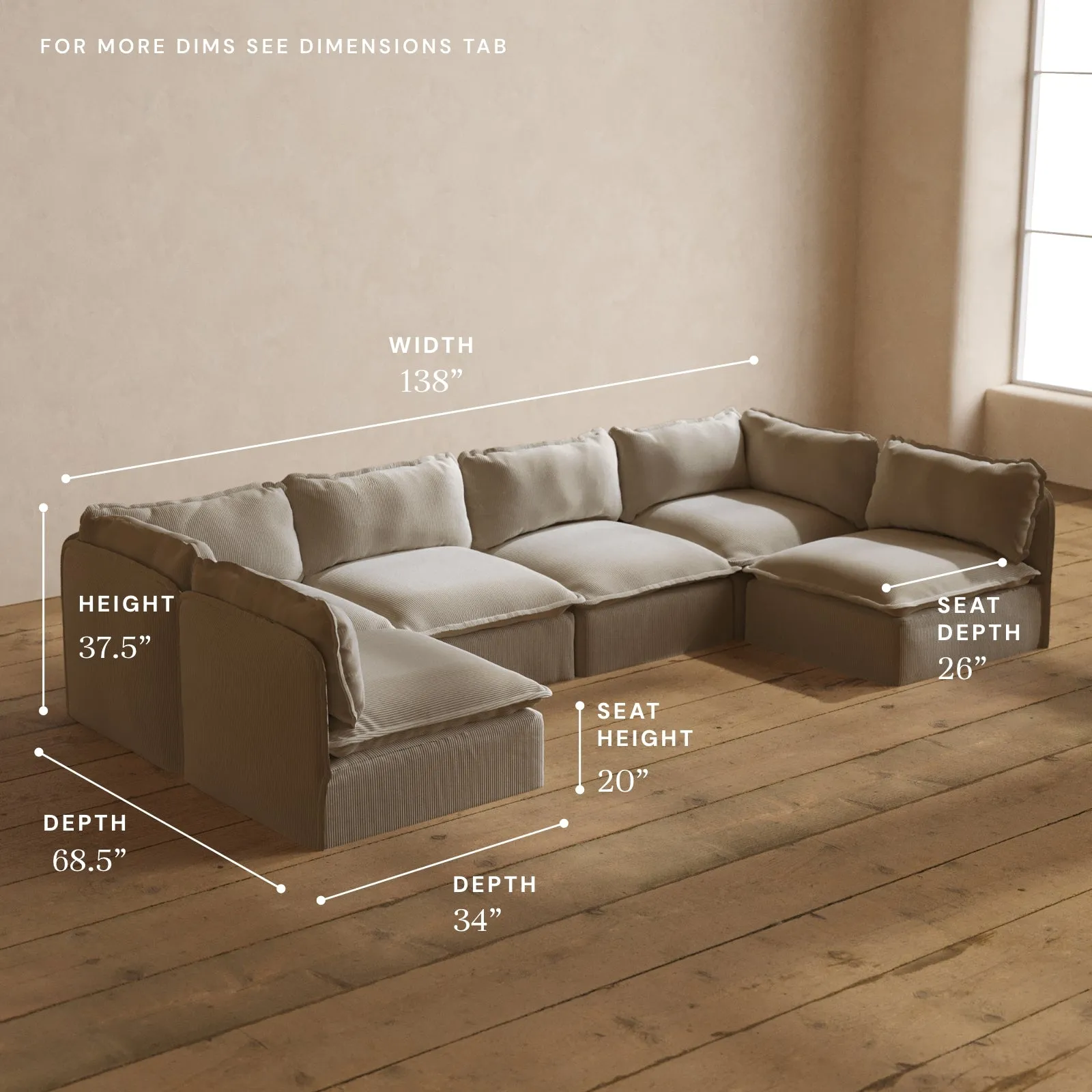 Modular Washable 6-Seater Open-Ends U-Sectional in Milk | Deluxe  Seat | Cloud Pillow