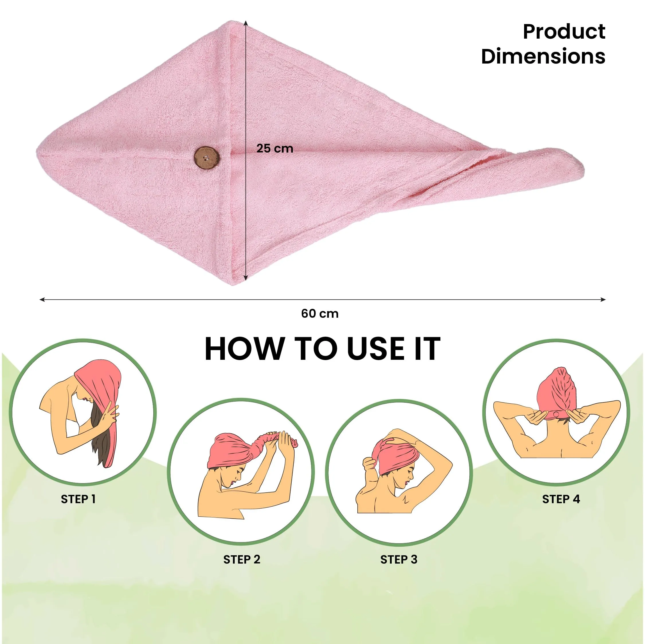 Mush Bamboo Hair Towel Wrap | Absorbent Towel Hair-Drying | Hair Care Combo | Super Quick-Drying| Adjustable Buttons to Wrap Around Hair 500 GSM (Baby Pink)