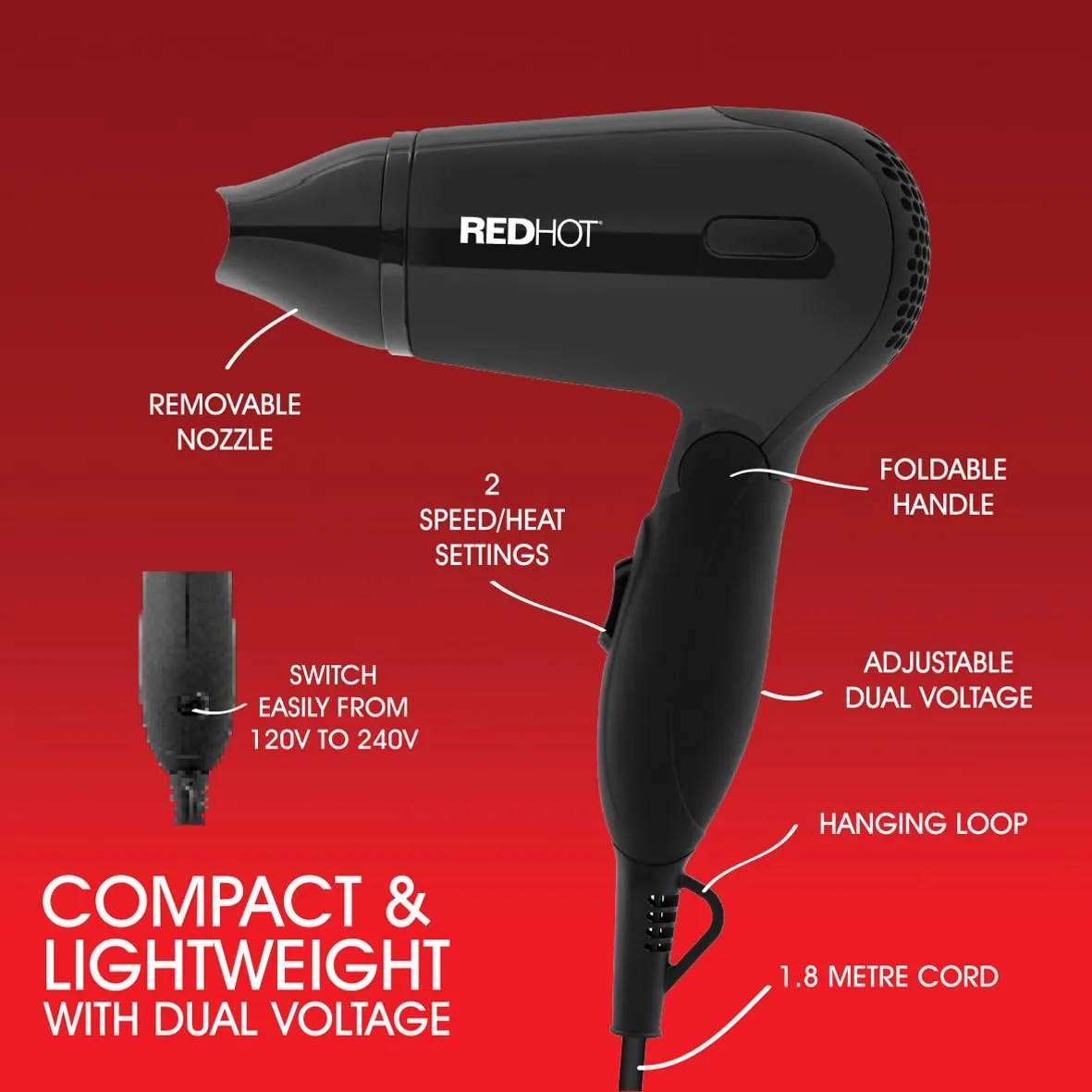 Red Hot 37079 1200W Travel Hair Dryer with Folding Handle/Dual Voltage / 2 Heat Settings/Compact & Lightweight/Black