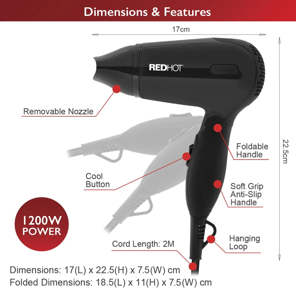 Red Hot 37079 1200W Travel Hair Dryer with Folding Handle/Dual Voltage / 2 Heat Settings/Compact & Lightweight/Black