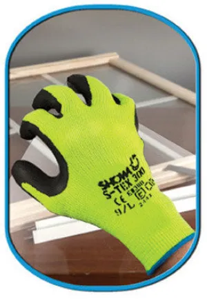 SHOWA Best Glove Size 10 S-TEX 300 Cut Resistant Black Natural Rubber Palm Coated Work Gloves With Seamless Hi-Viz Yellow Hagane Coil Fiber Liner